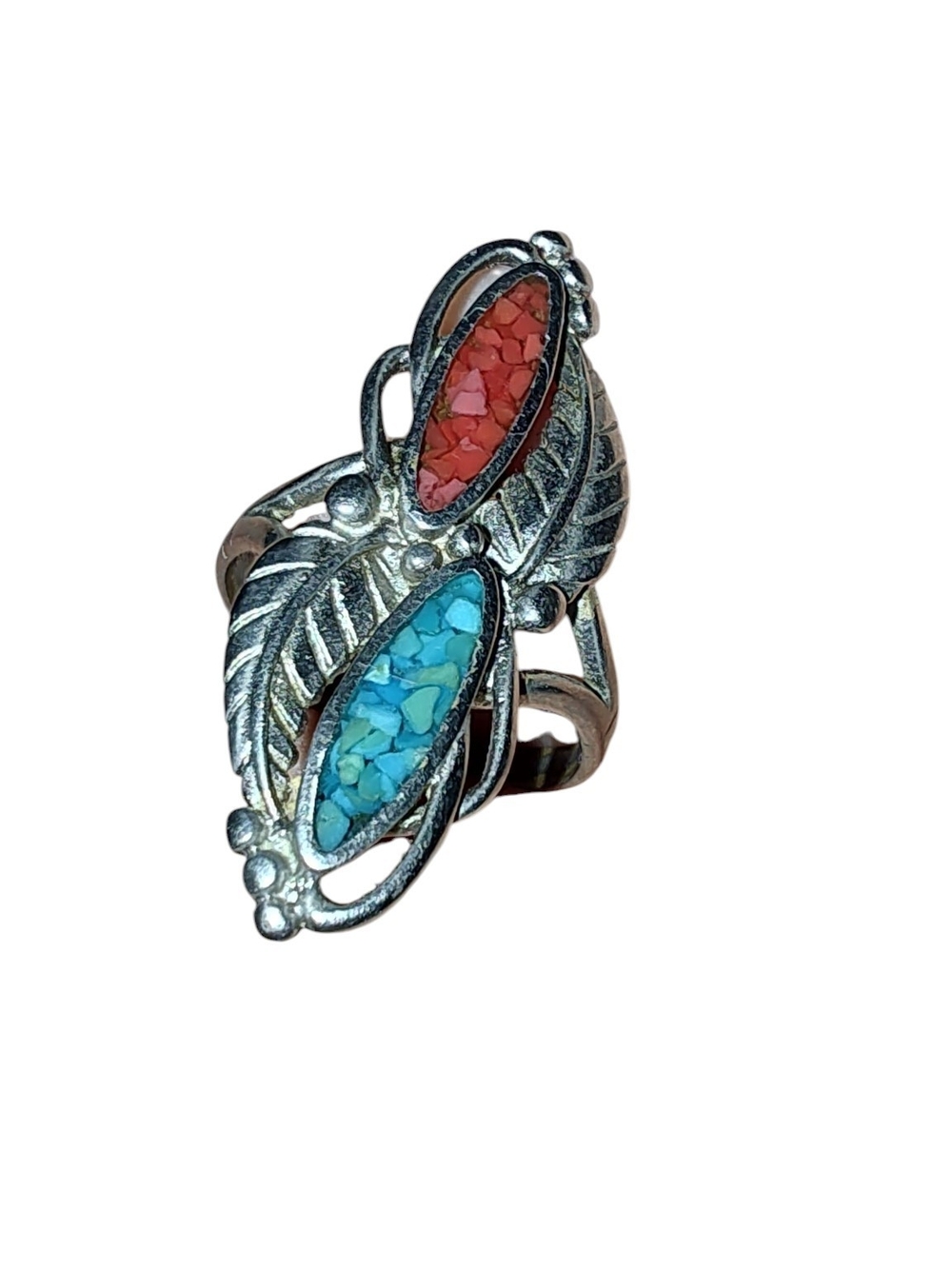 Silver Tone Aztec Leaf Ring Crushed Turquoise and  Red Coral Inlay  Jewelry